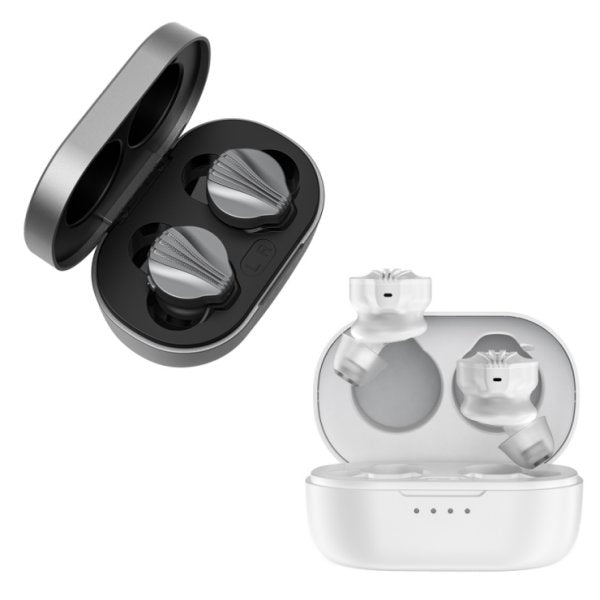FiiO FW3 true wireless earphones, grey and white cases