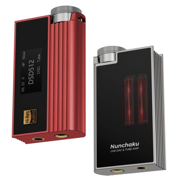 iBasso Nunchaku portable DAC and tube amp, red and grey