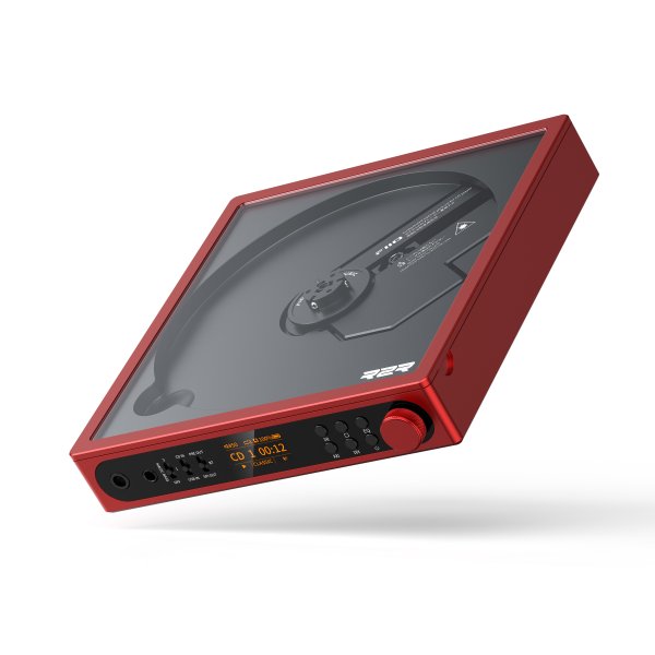 FiiO DM15 R2R CD player, red, angled with lid