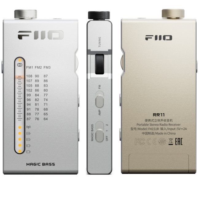 FiiO RR11 portable radio, silver, front, side and back