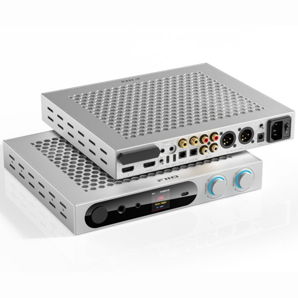 FiiO K19 desktop DAC and headphone amp, silver, lying flat