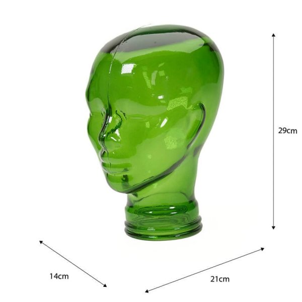 AMP3 glass head headphone stand, green, with dimensions