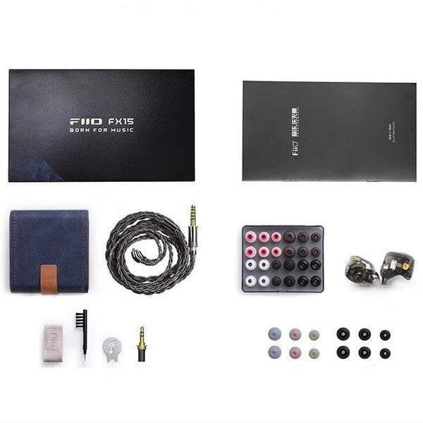 FiiO FX15 hybrid in-ear monitors, box contents