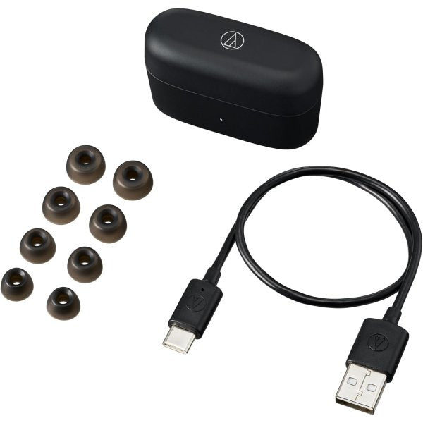 Audio-Technica ATH-CKS30TW+ wireless earbuds, black, ear tips and USB-C cable