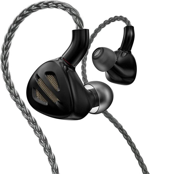 FiiO FH9 hybrid in-ear monitors, black, angled with cable