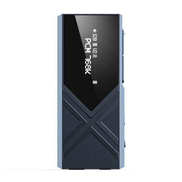 FiiO KA17 USB dongle DAC and amp, blue, front with screen