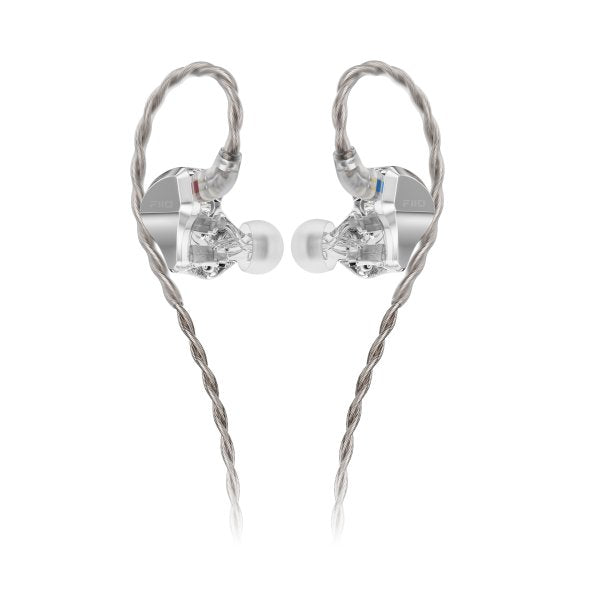 FiiO JH5 hybrid earphones, silver, angled