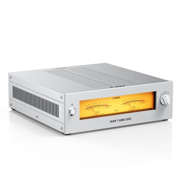 FiiO WARMER R2R tube DAC, silver, angled