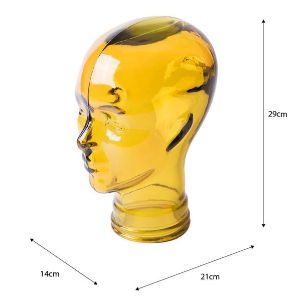 AMP3 glass head headphone stand, yellow, with dimensions