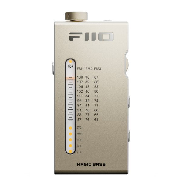 FiiO RR11 portable radio, gold, front with tuning scale