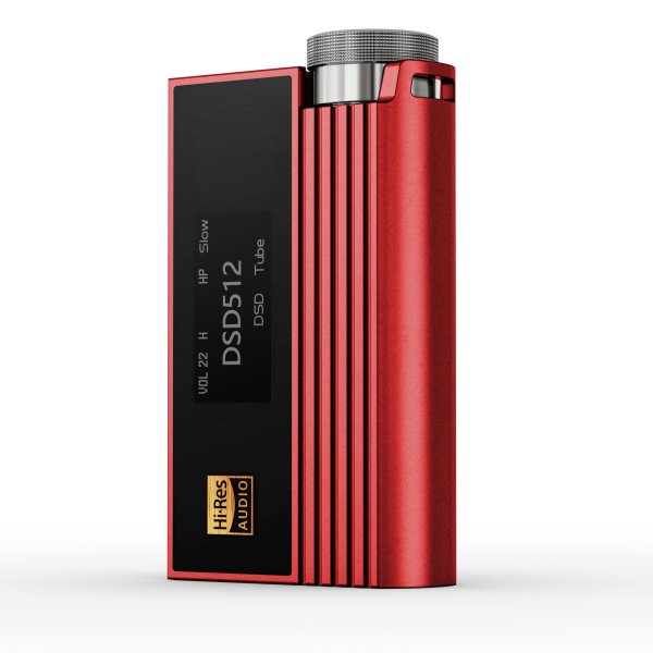 iBasso Nunchaku portable DAC and tube amp, red, angled