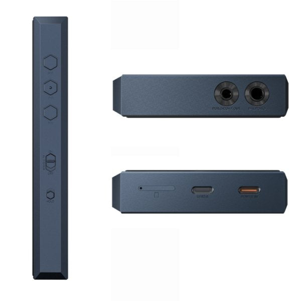 FiiO M23 music player, blue, top and bottom with sockets
