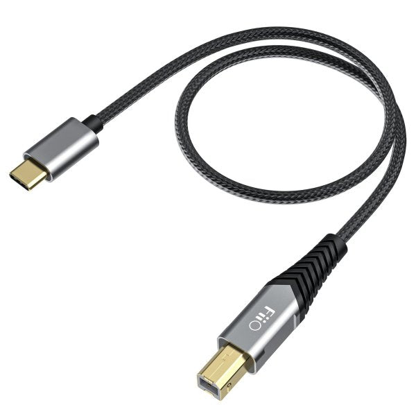 FiiO LD-TC1 USB-B to USB-C cable, plug close-up, angled
