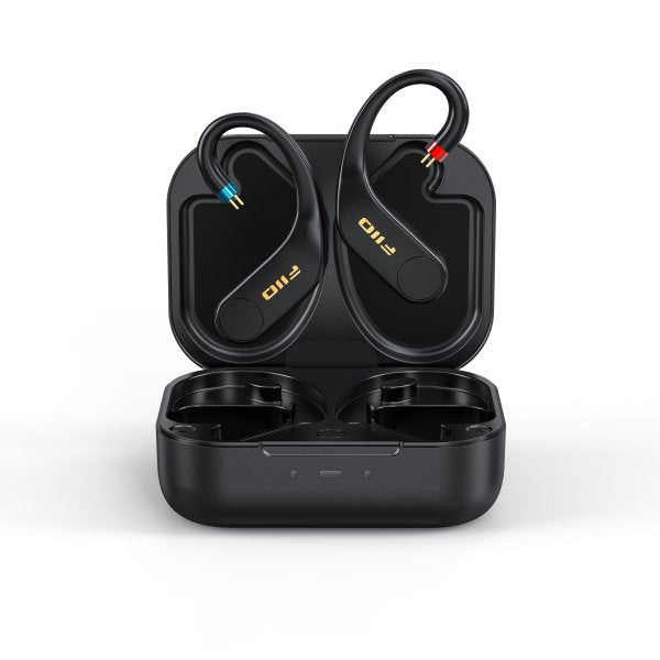 FiiO UTWS5 true wireless adapter (2025), ear-hook modules in open charging case