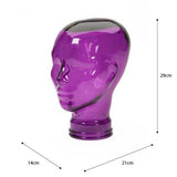 AMP3 glass head headphone stand, purple, with dimensions
