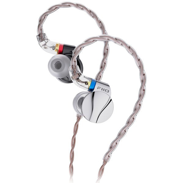 FiiO FD15 in-ear monitors, silver, angled