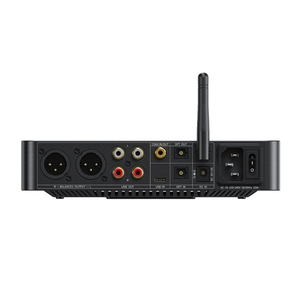 FiiO BR15 R2R Bluetooth receiver and DAC, black, rear panel with XLR and RCA outputs