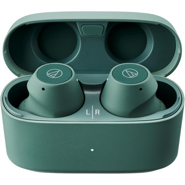 Audio-Technica ATH-CKS30TW+ wireless earbuds, green, open charging case