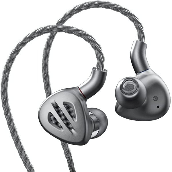 FiiO FH9 hybrid in-ear monitors, silver, angled with cable