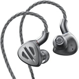 FiiO FH9 hybrid in-ear monitors, silver, angled with cable