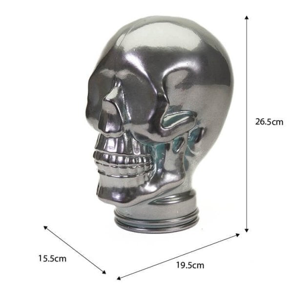 AMP3 glass skull headphone stand, silver, with dimensions