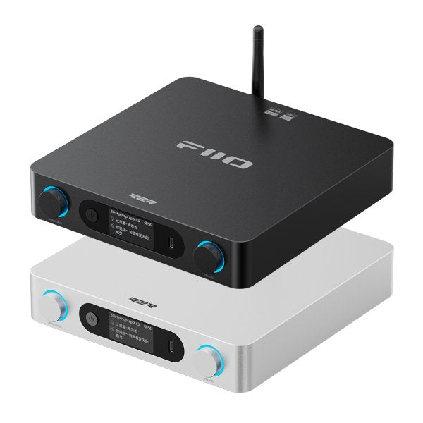FiiO BR15 R2R Bluetooth receiver and DAC, black on top of silver