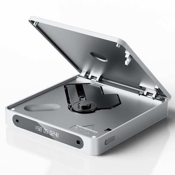 FiiO DM13 portable CD player, silver, lid open with CD