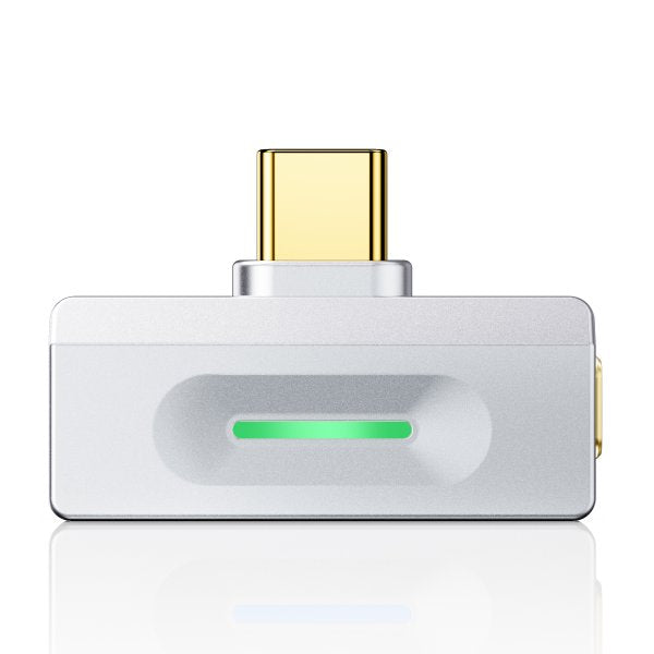 FiiO AIR LINK USB-C Bluetooth transmitter, silver, front with status light