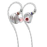 FiiO FH5s in-ear monitors, silver, angled with cable