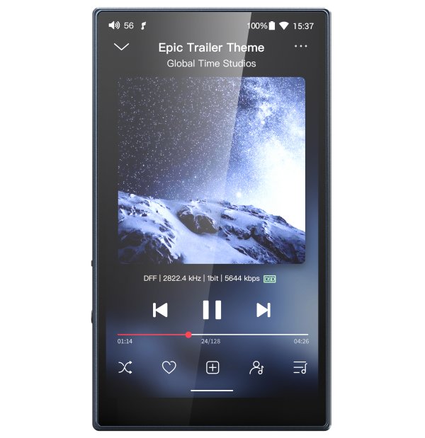FiiO M21 music player, front with music screen