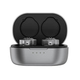 FiiO FW3 true wireless earphones, grey, in open case