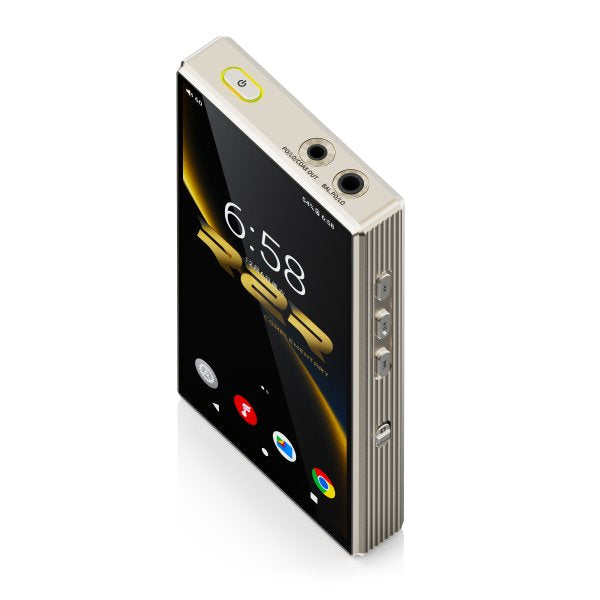 FiiO M33 R2R music player, gold, angled