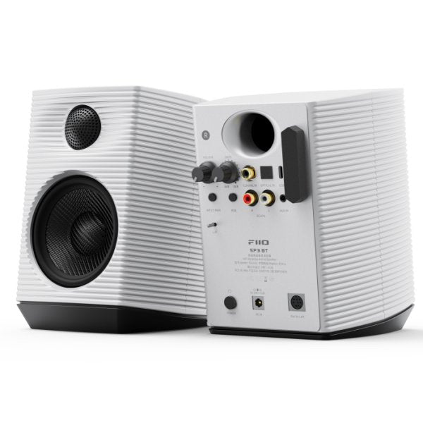 FiiO SP3 BT active desktop speakers, white pair, front and back