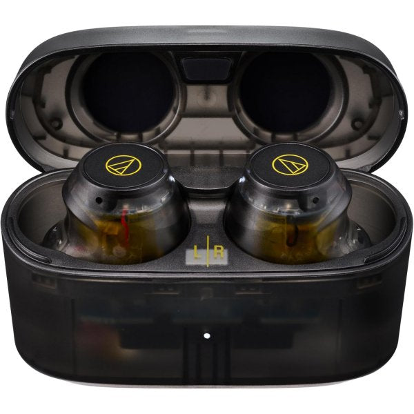 Audio-Technica ATH-CKS30TW+ wireless earbuds, translucent black, open charging case