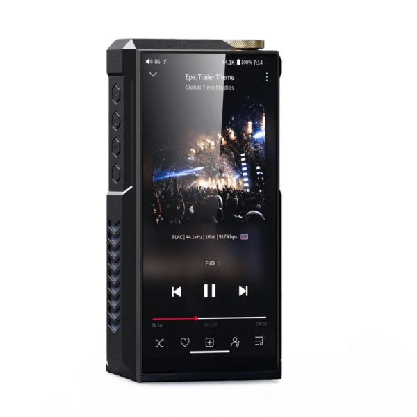 FiiO M27 desktop music player, titanium, front with music screen