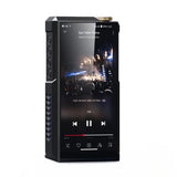 FiiO M27 desktop music player, titanium, front with music screen