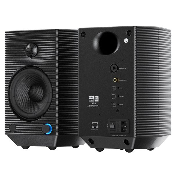 FiiO SP5 active desktop speakers, black, front and back
