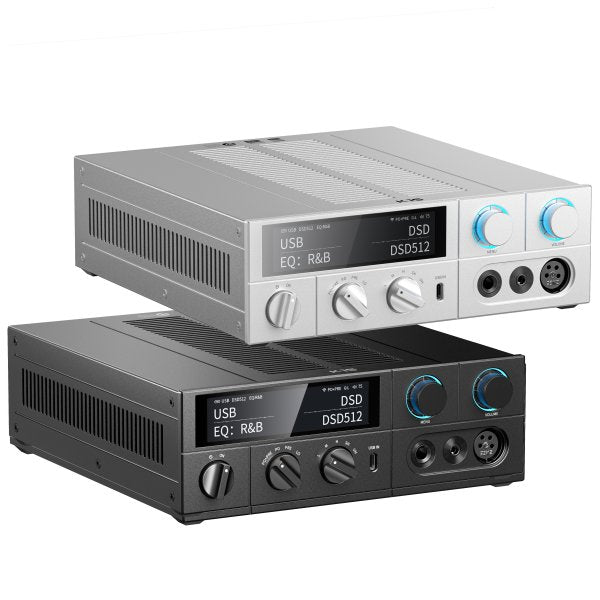 FiiO K15 desktop DAC and headphone amp, silver and black
