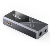 FiiO KA17 USB dongle DAC and amp, titanium, lying flat with sockets