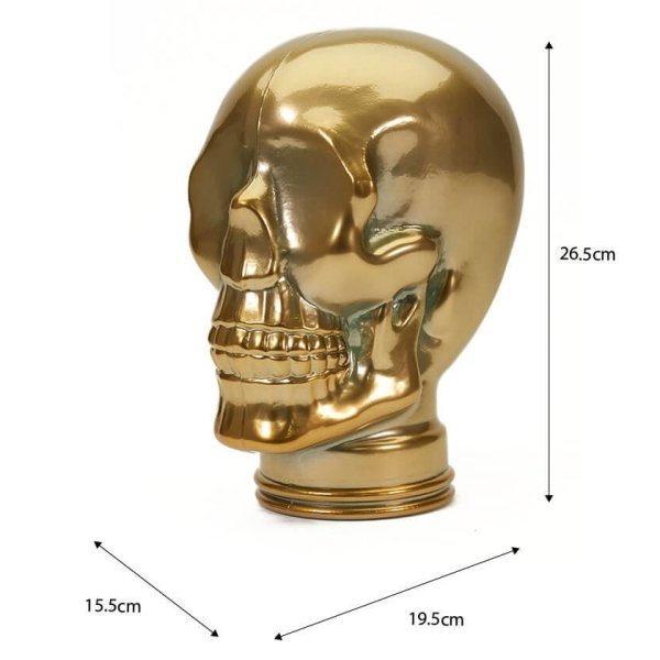AMP3 glass skull headphone stand, gold, with dimensions