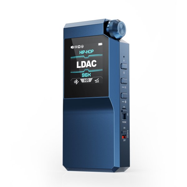 FiiO BTR17 Bluetooth DAC and headphone amp, blue, angled