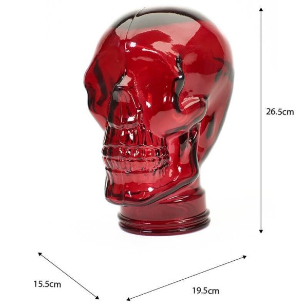 AMP3 glass skull headphone stand, red, with dimensions