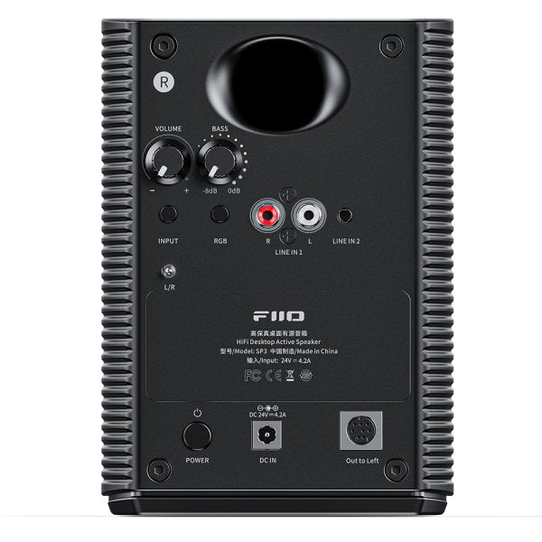 FiiO SP3 active desktop speakers, black, rear panel