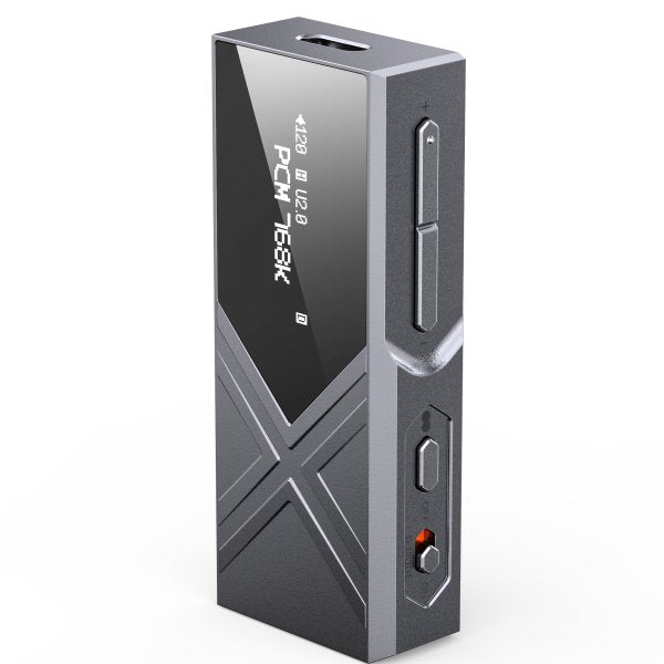 FiiO KA17 USB dongle DAC and amp, titanium, angled