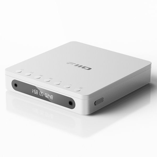 FiiO DM13 portable CD player, silver, angled from above