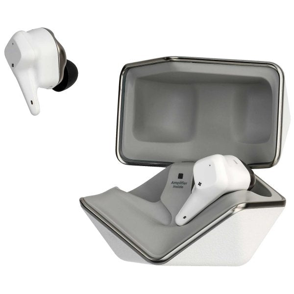 HiFiMAN Svanar Wireless Junior earbuds, open case, angled