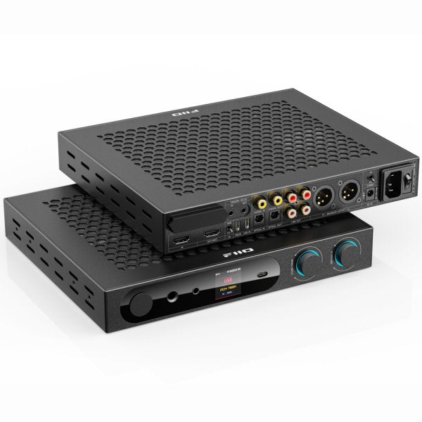 FiiO K19 desktop DAC and headphone amp, black, lying flat
