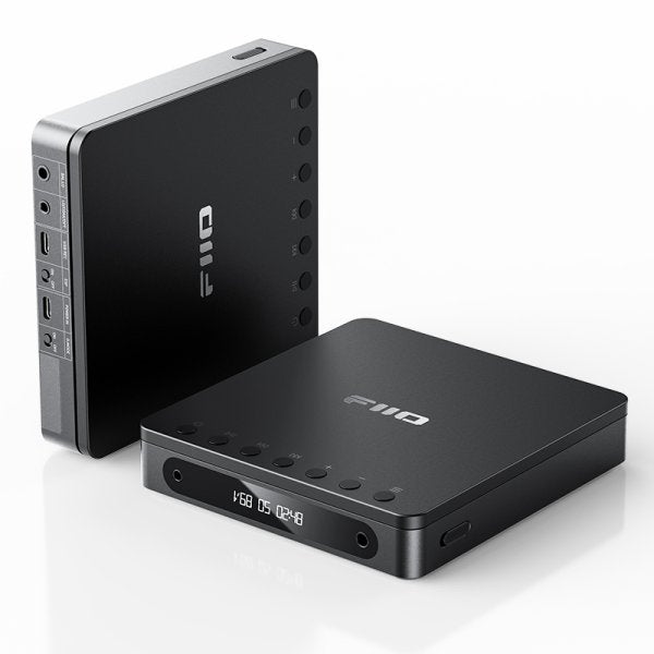 FiiO DM13 portable CD player, black, standing and flat