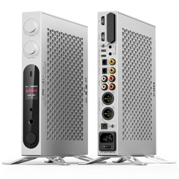 FiiO K19 desktop DAC and headphone amp, silver, standing