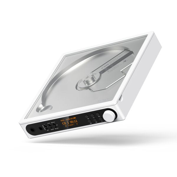 FiiO DM15 R2R CD player, white, angled with lid